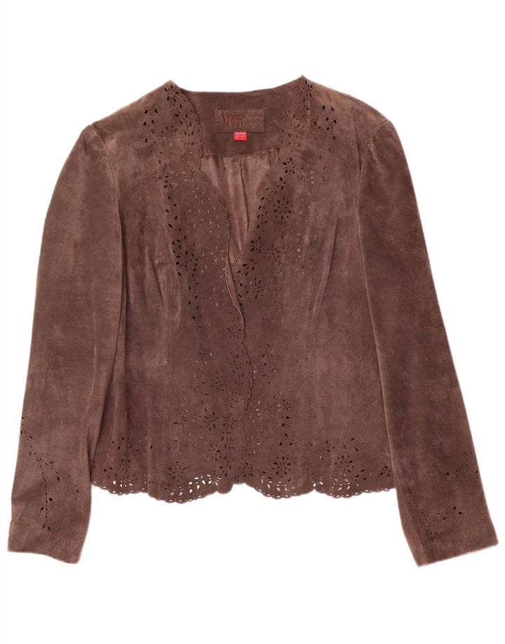 MONSOON Damska otwarta zamszowa marynarka UK 16, duża brązowa skóra