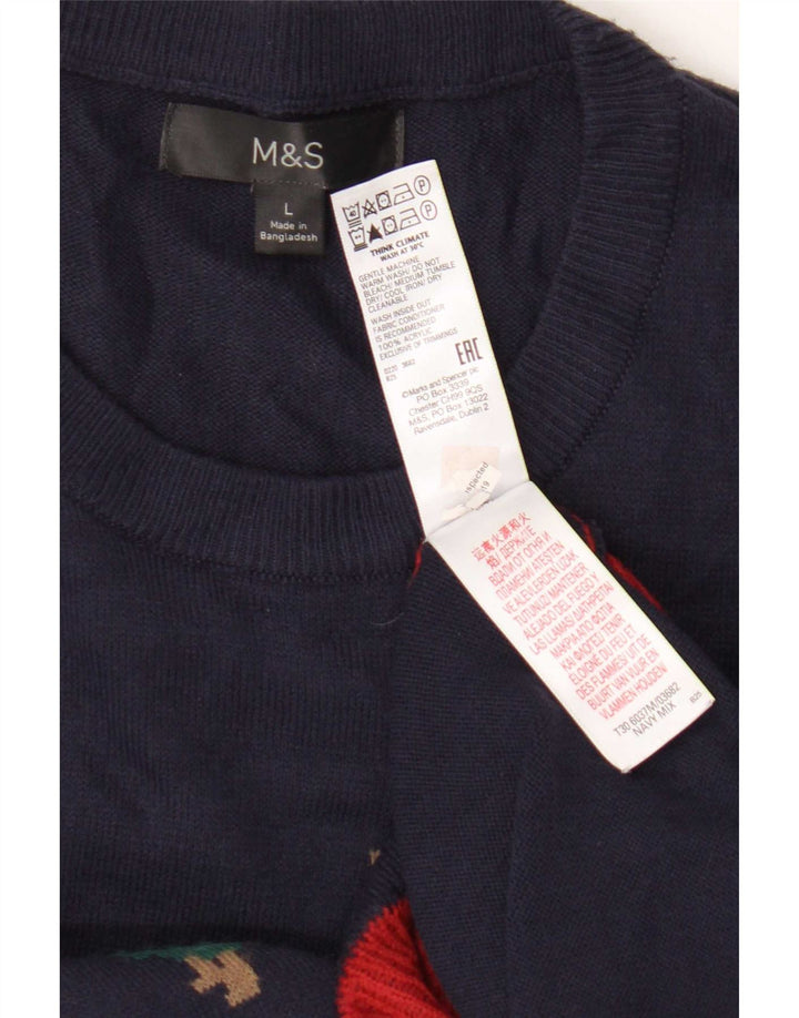 Marks & Spencer Męski sweter z okrągłym dekoltem, duży, granatowy Fair Isle