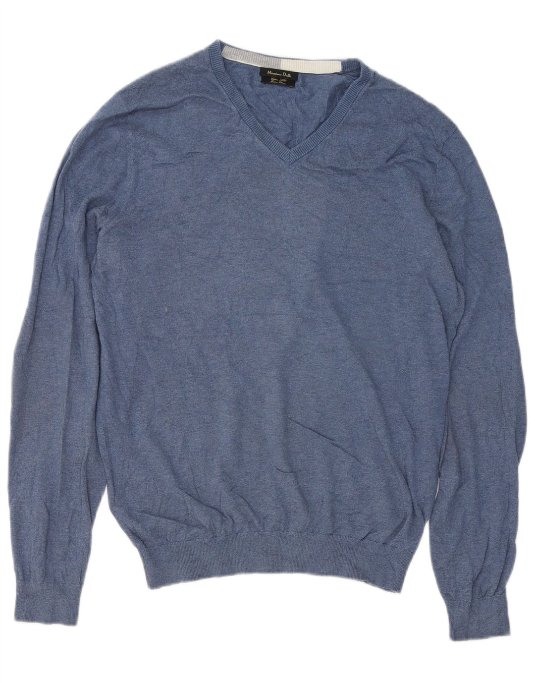 Męski sweter Massimo Dutti z dekoltem w kształcie litery V, średnioniebieski, bawełniany