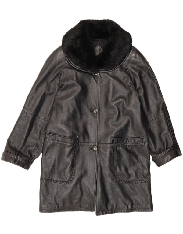 Vintage damski płaszcz skórzany o luźnym kroju IT 42, średnia czarna skóra