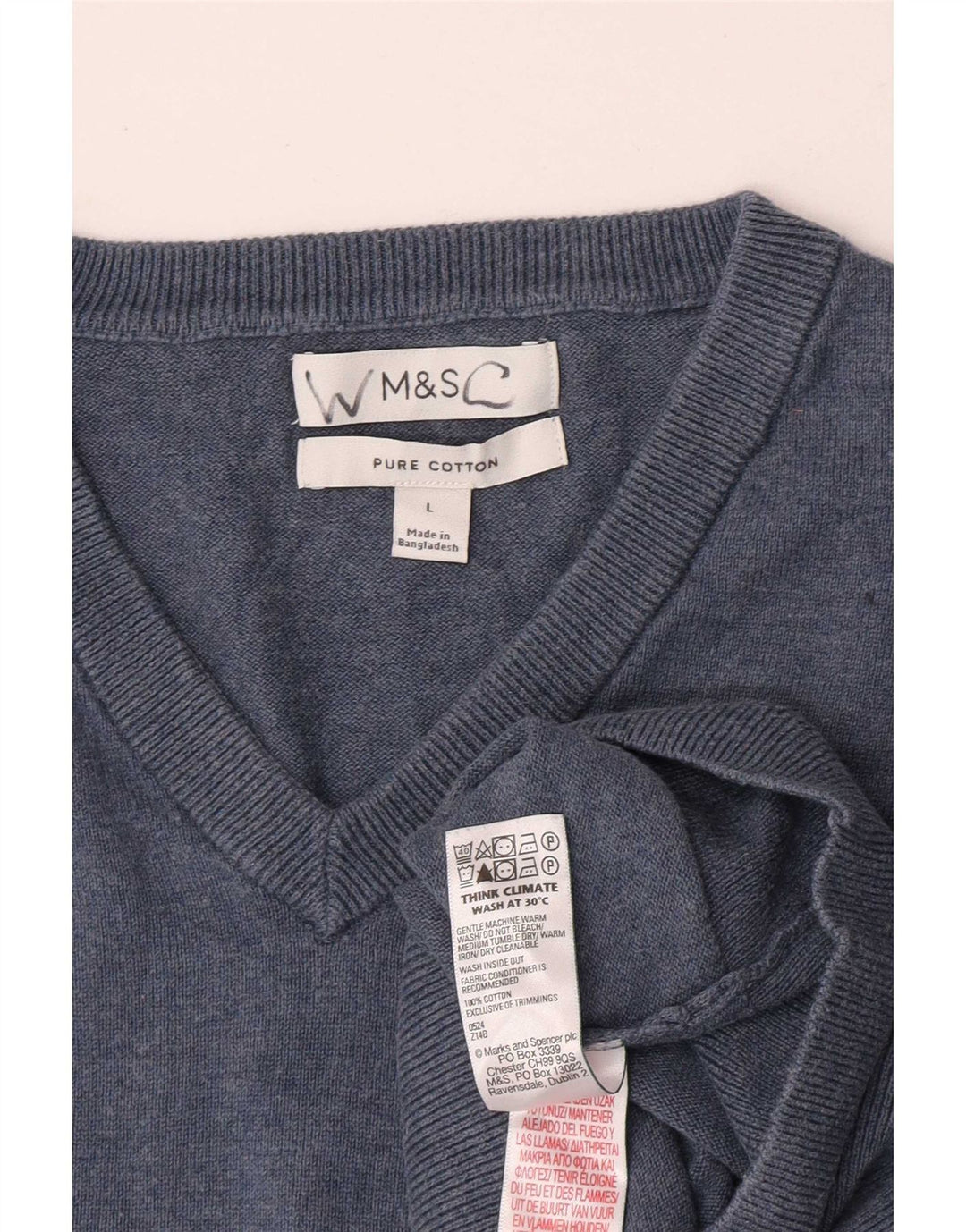 Marks & Spencer Męski sweter z dekoltem w kształcie litery V, duży, niebieski, bawełniany