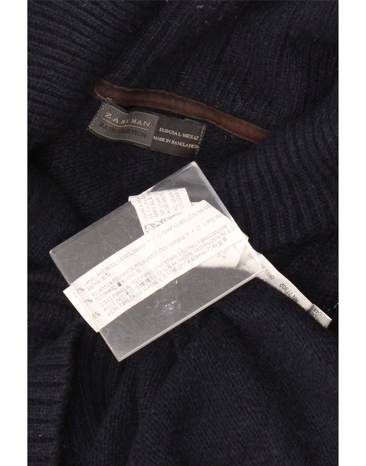 ZARA Mens Shawl Neck Jumper Sweater Large Navy Blue Colourblock Wool
