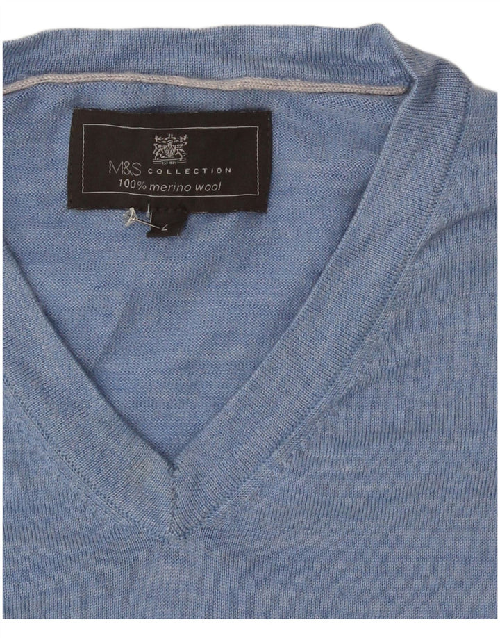 Marks & Spencer Męski sweter z dekoltem w kształcie litery V, duży, niebieski, wełniany w cętki