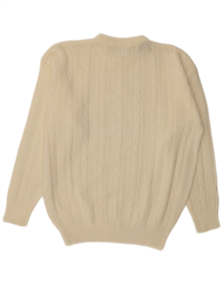 Vintage męski sweter z wycięciem pod szyją, duży, złamany biały akryl