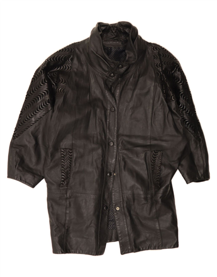 VINTAGE Womens Oversized Coat UK 12 Medium Black Chevron Leather Vintage Vintage and Second-Hand Vintage from Messina Hembry 