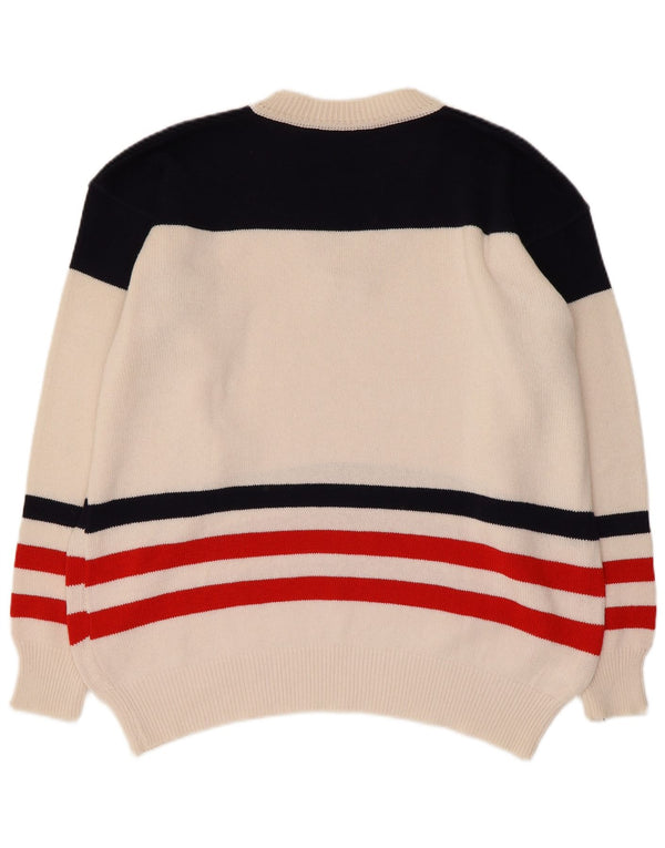 Vintage męski sweter z dekoltem w kształcie litery V, XL, biała, bawełniana w bloki kolorów