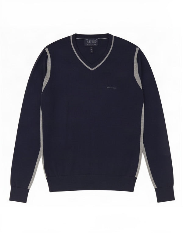 Męski sweter męski Armani Slim Fit z dekoltem w kształcie litery V, XL, granatowy, z blokami kolorów