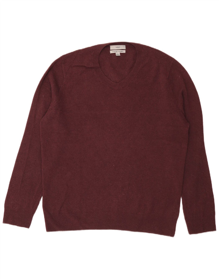 Marks & Spencer Męski sweter z dekoltem w kształcie litery V, duży, bordowy, z owczej wełny