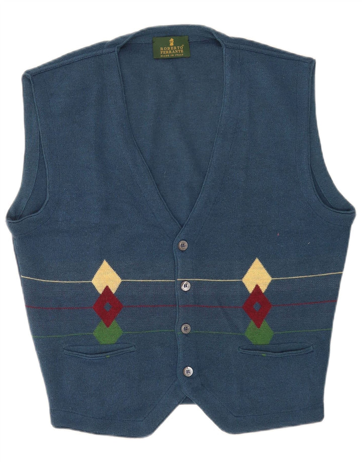 Vintage męski sweter bez rękawów IT 50 średni niebieski geometryczny