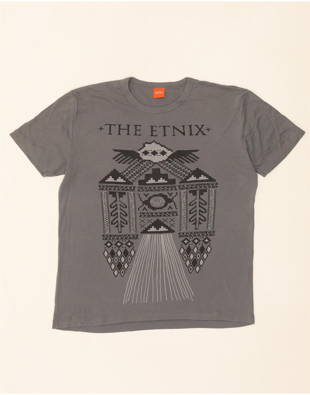 HUGO BOSS Mens Graphic T-Shirt Top Large Grey Fair Isle Vintage Hugo Boss and Second-Hand Hugo Boss from Messina Hembry 