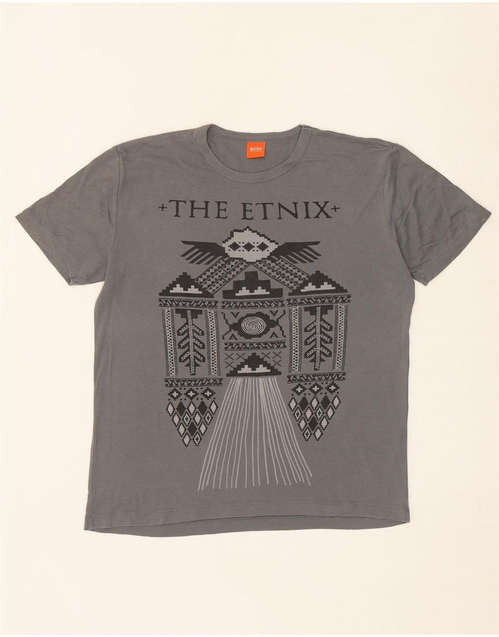 HUGO BOSS Mens Graphic T-Shirt Top Large Grey Fair Isle Vintage Hugo Boss and Second-Hand Hugo Boss from Messina Hembry 