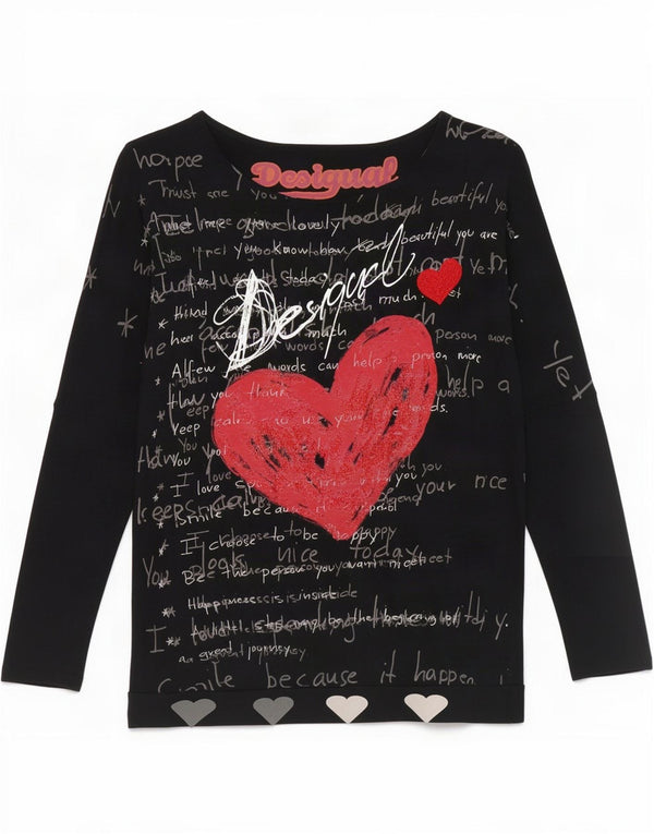 Desigual damski top oversize z grafiką, rękaw 3/4, UK 14, średnia czarna wiskoza