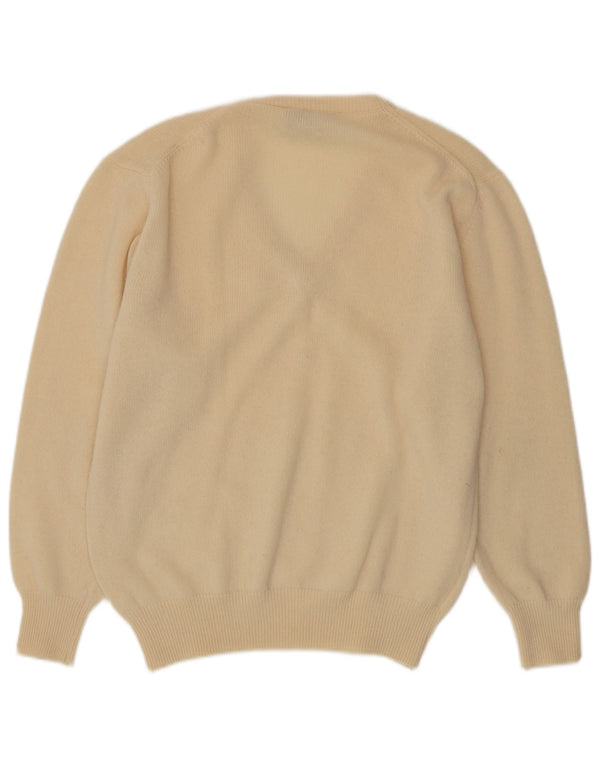 Sweter męski w stylu vintage z dekoltem w szpic, średnio beżowy, z owczej wełny