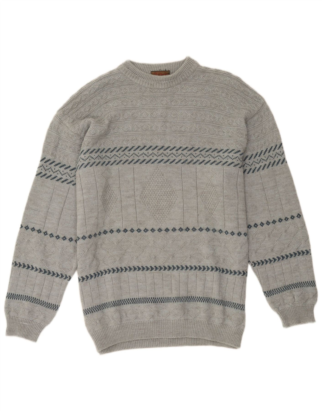 Vintage męski sweter z wycięciem pod szyją, duży, szary, geometryczny akryl