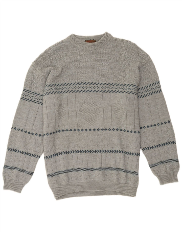 Vintage męski sweter z wycięciem pod szyją, duży, szary, geometryczny akryl