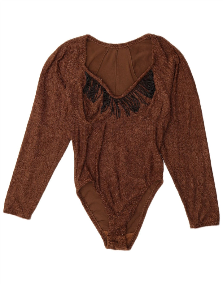 Body damskie z długim rękawem w stylu vintage UK 12 Średni brązowy poliamid