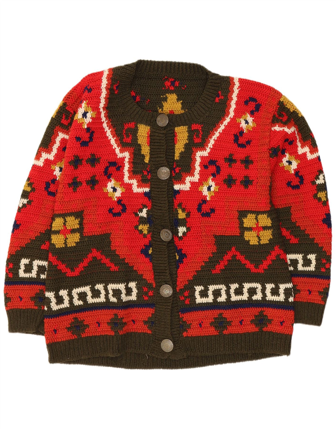 Sweter damski w stylu vintage, kardigan UK 16 Large Red Fair Isle