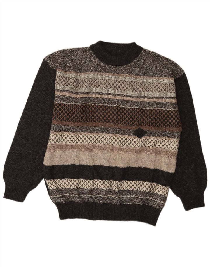 Vintage męski sweter z okrągłym dekoltem IT 52, duża, szara wełna z blokami kolorów