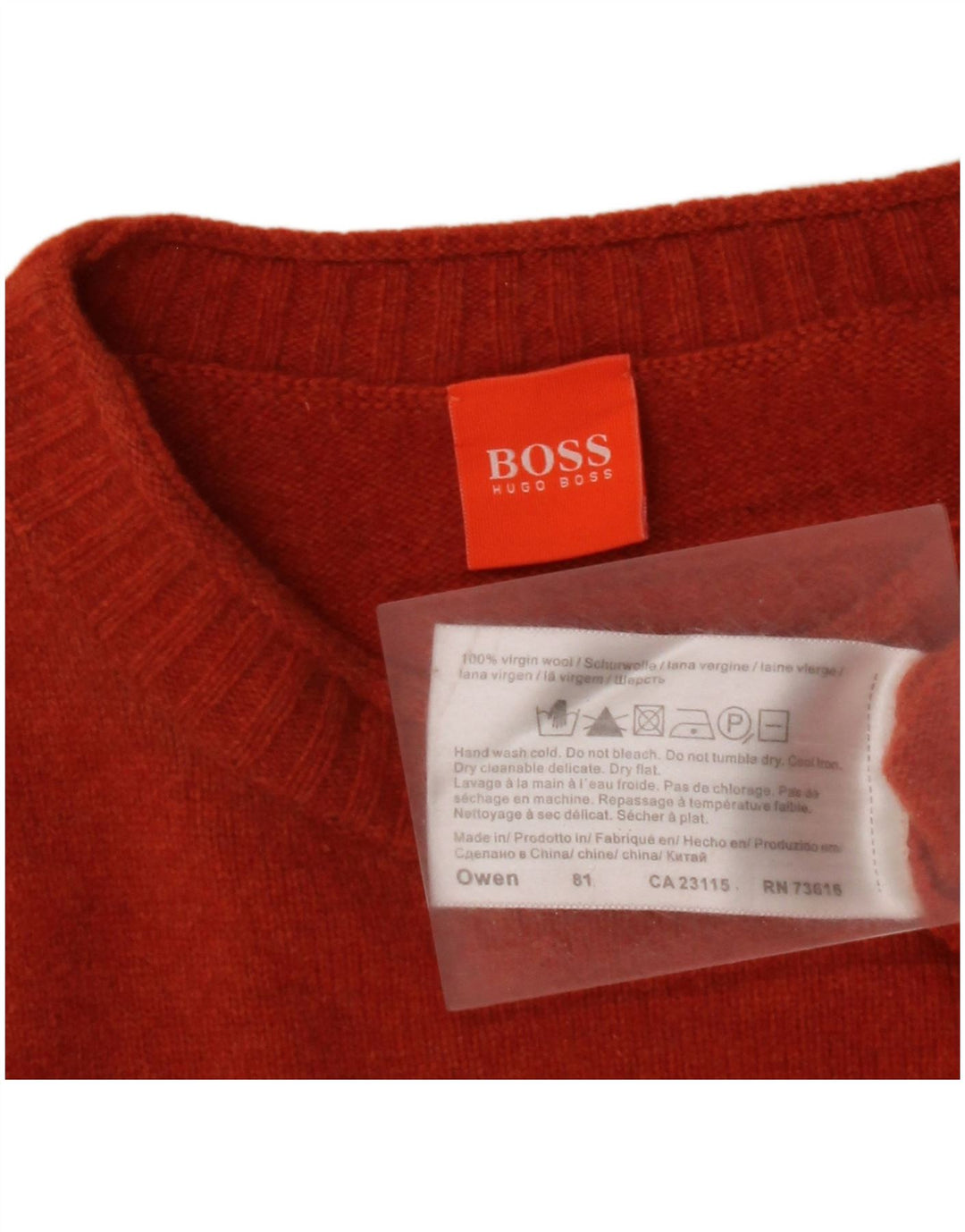 Męski sweter z okrągłym dekoltem HUGO BOSS, średnia pomarańczowa, dziewicza wełna