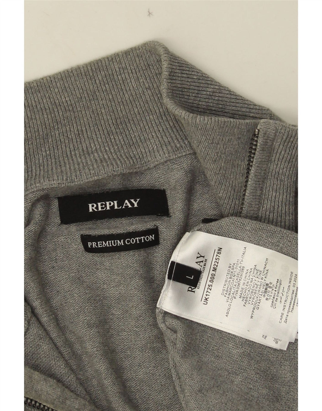 Męski sweter z zamkiem błyskawicznym Replay, duży, szary, bawełniany