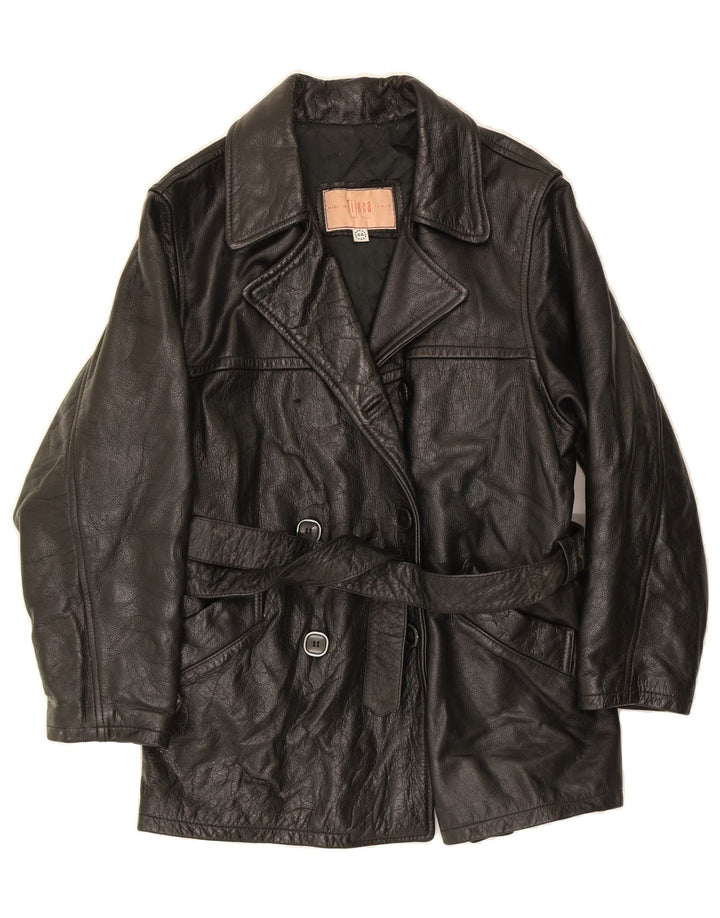 VINTAGE Womens Double Breasted Leather Jacket IT 44 Medium Black Leather Vintage Vintage and Second-Hand Vintage from Messina Hembry 