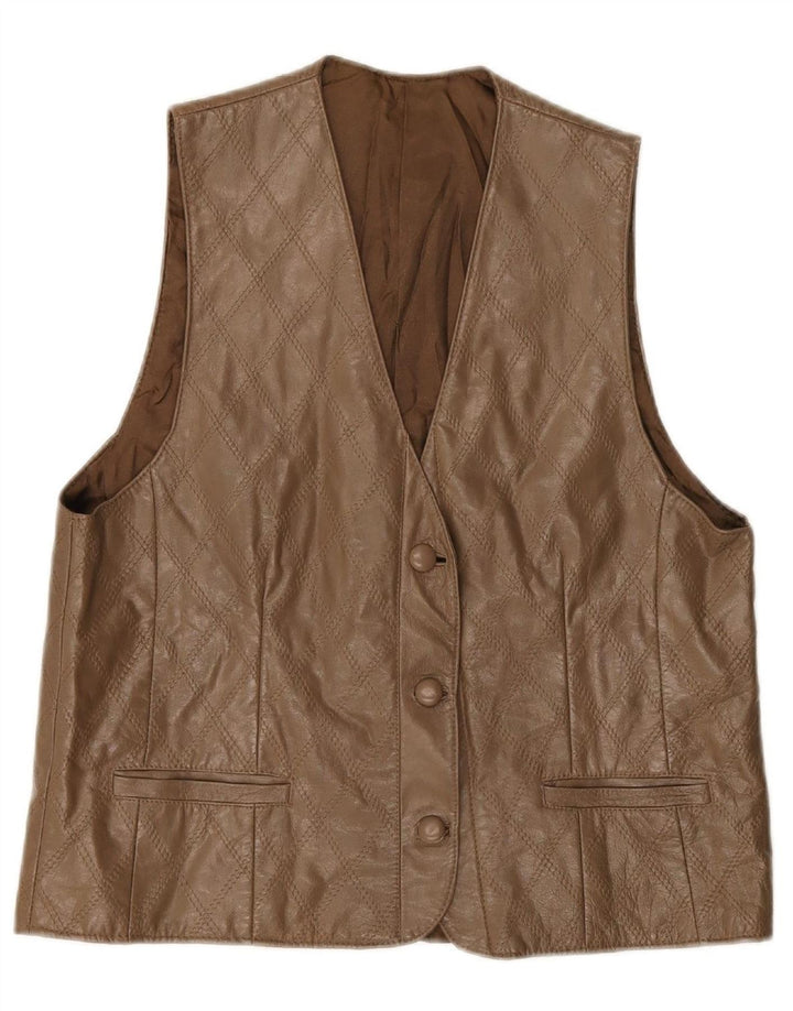 VINTAGE Womens Leather Waistcoat UK 16 Large Brown Check