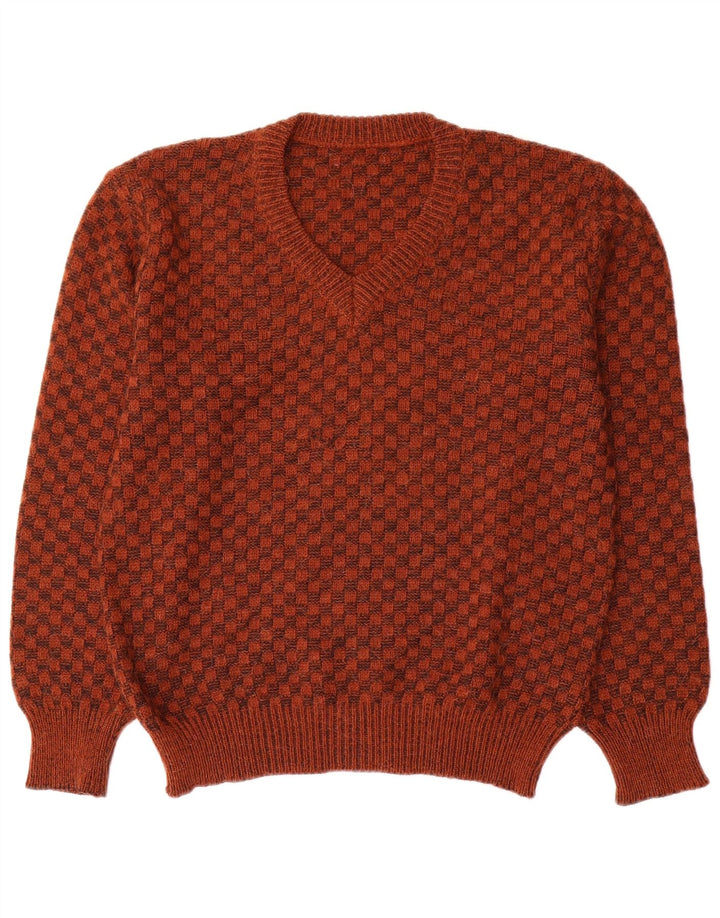 Vintage męski sweter z dekoltem w kształcie litery V, mały brązowy geometryczny