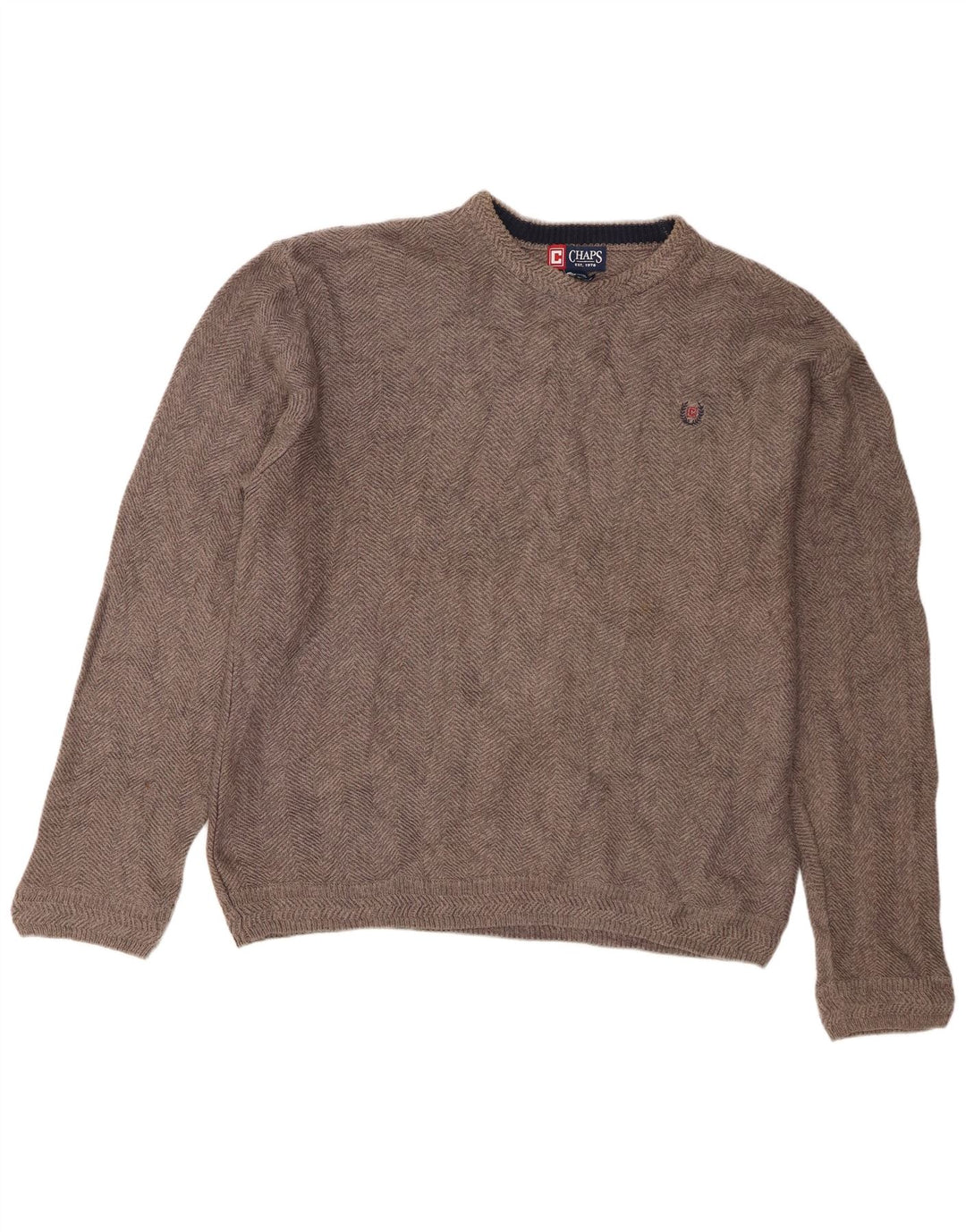 Męski sweter z wycięciem pod szyją Chaps, duży, szary, bawełniany w jodełkę