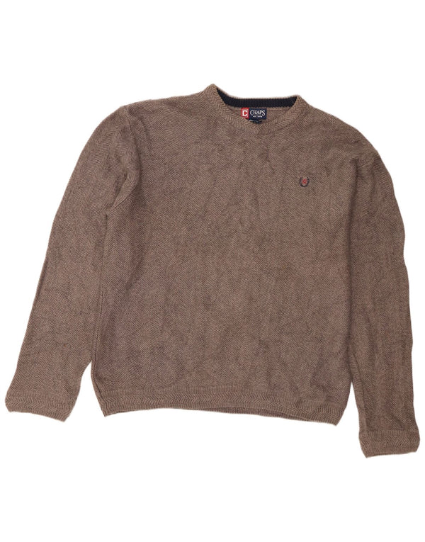 Męski sweter z wycięciem pod szyją Chaps, duży, szary, bawełniany w jodełkę