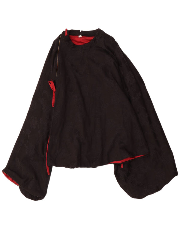 Damska bluzka poncho z długim rękawem w stylu vintage, UK 12, średnia czarna w kwiaty