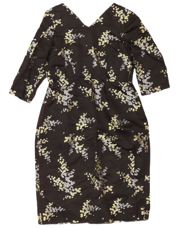 Vintage damska sukienka z rękawami 3/4 UK 14, średnia czarna w kwiaty