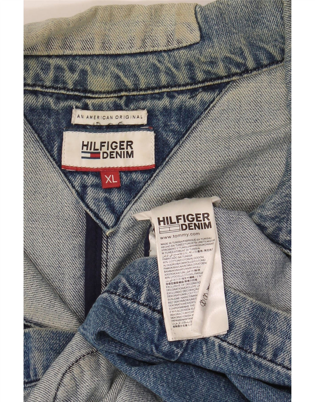 Damska kurtka dżinsowa Tommy Hilfiger w trudnej sytuacji UK 18 XL, niebieska patchworkowa