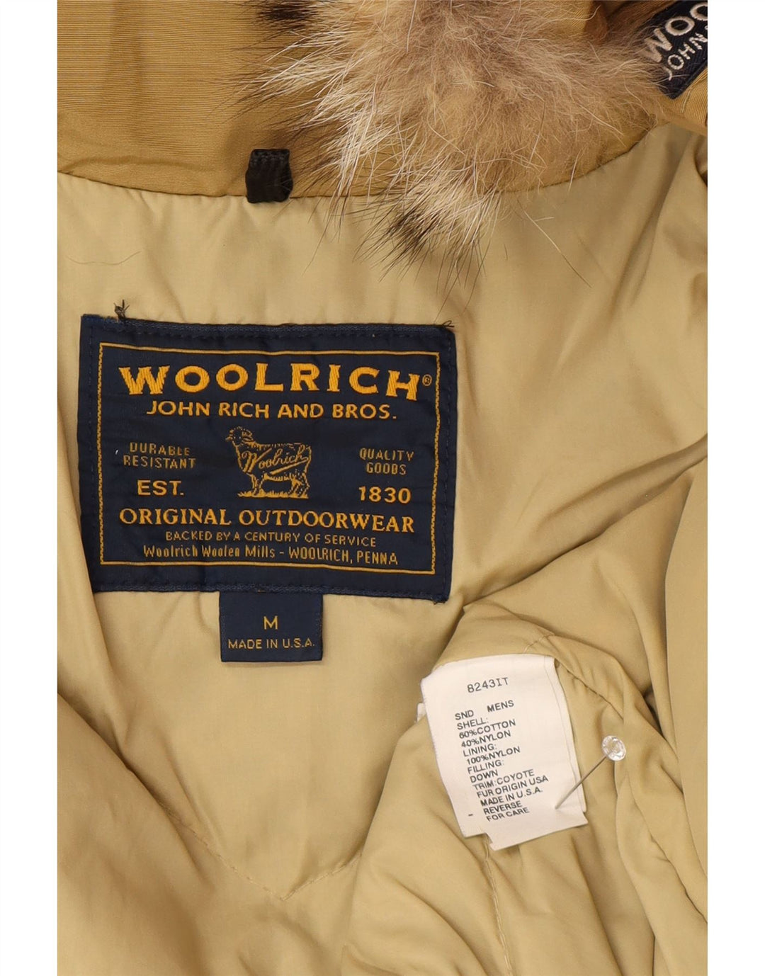 Woolrich Męski ocieplany płaszcz z kapturem UK 38 Średni Beżowy Bawełna