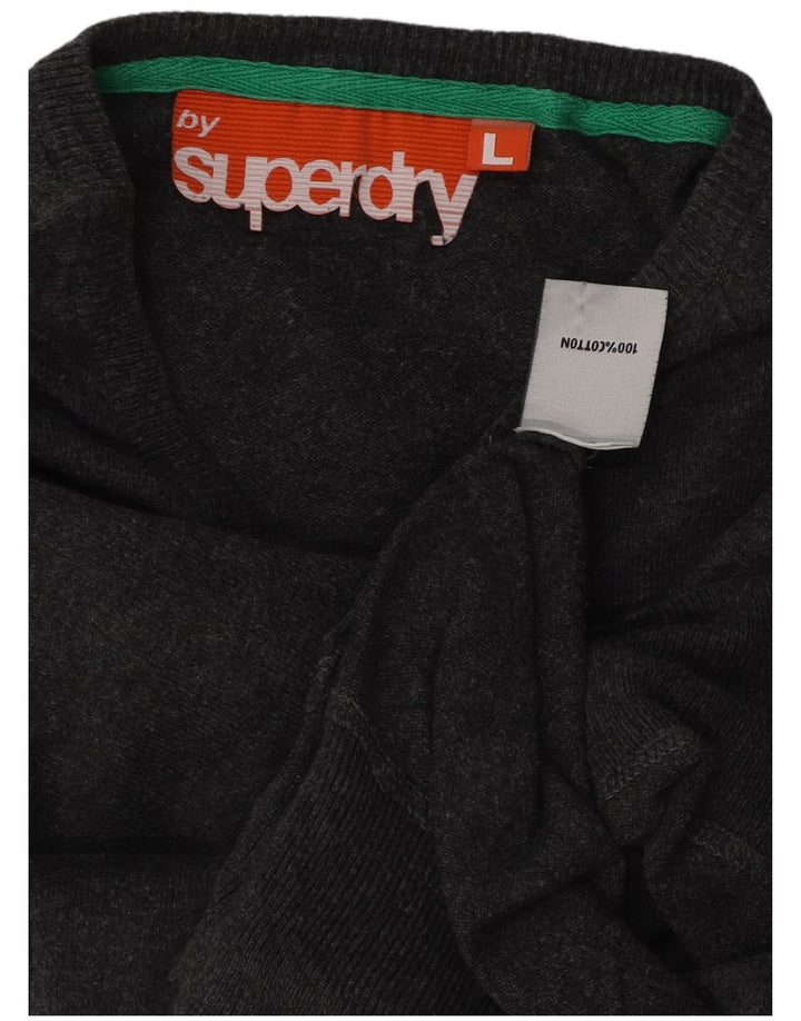 SUPERDRY Damski sweter z dekoltem w kształcie litery V, UK 16, duży, szary, bawełniany