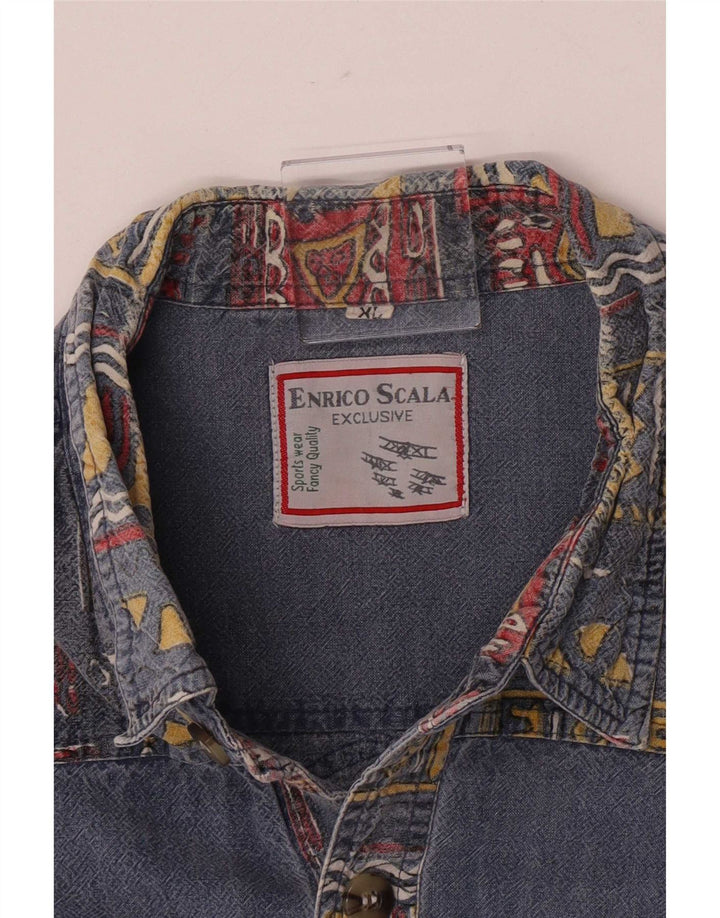 Vintage koszula męska z krótkim rękawem XL niebieska patchworkowa Retro