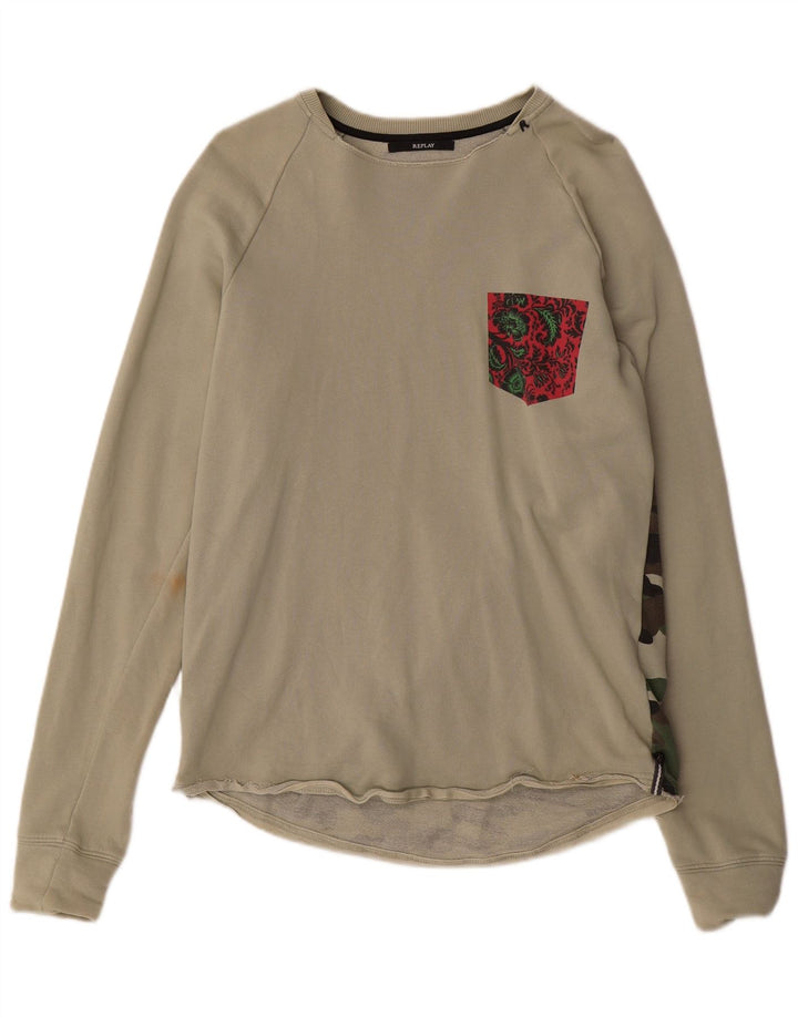 Męska bluza z grafiką Replay, średnia, bawełniana kamuflaż khaki