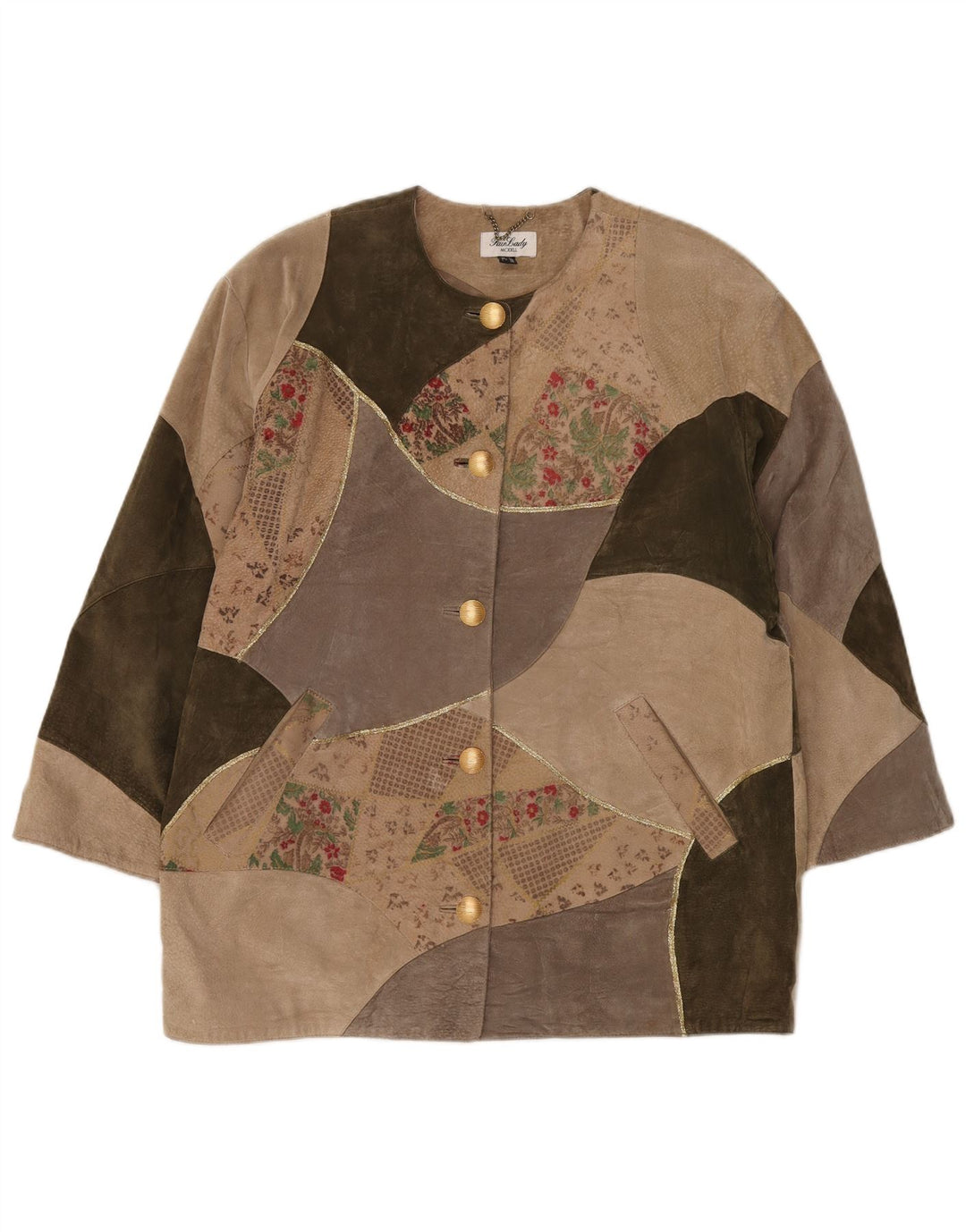 Damski płaszcz oversize Fair Lady UK 16, duży, beżowy, patchworkowy, skórzany