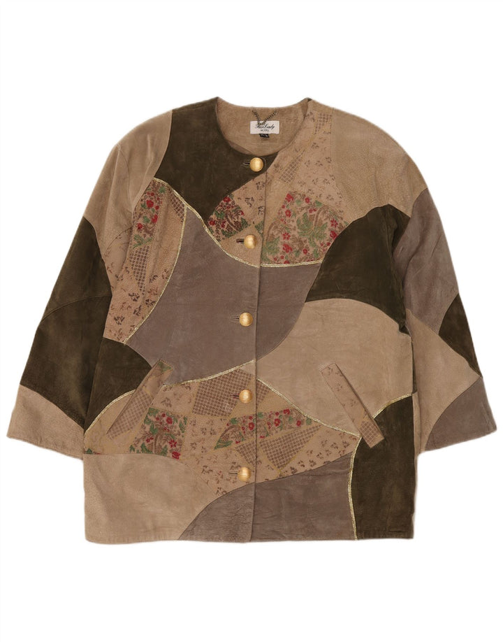 Damski płaszcz oversize Fair Lady UK 16, duży, beżowy, patchworkowy, skórzany