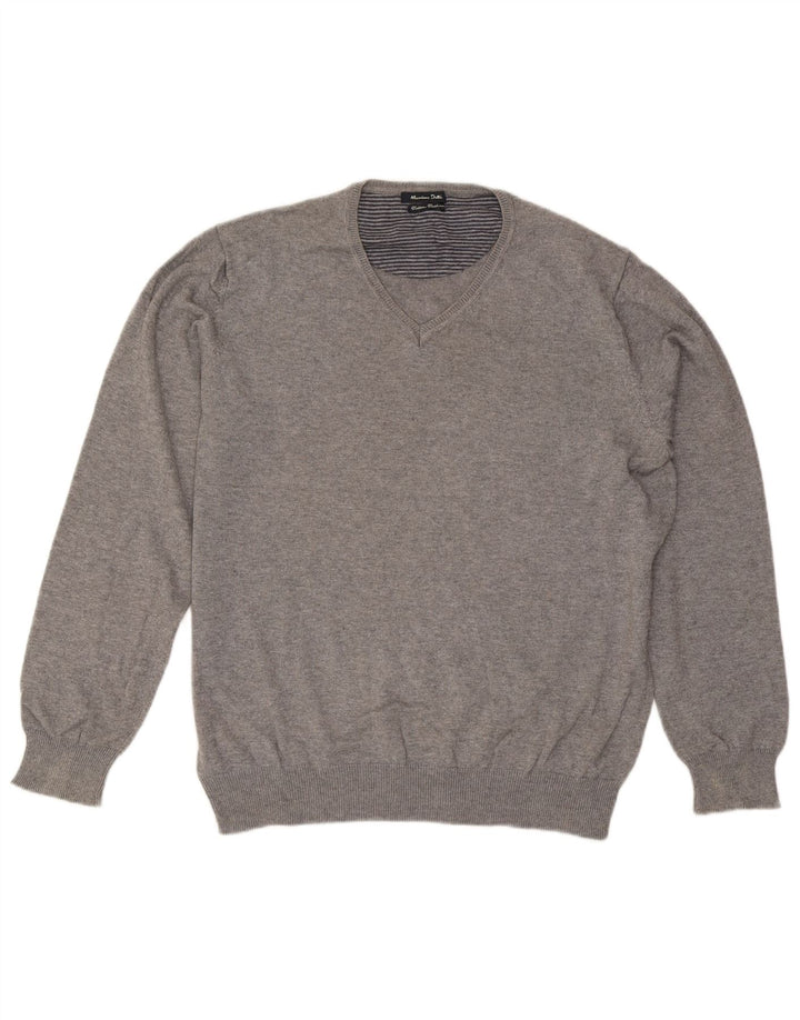 Męski sweter Massimo Dutti z dekoltem w kształcie litery V, duży, szary, bawełniany
