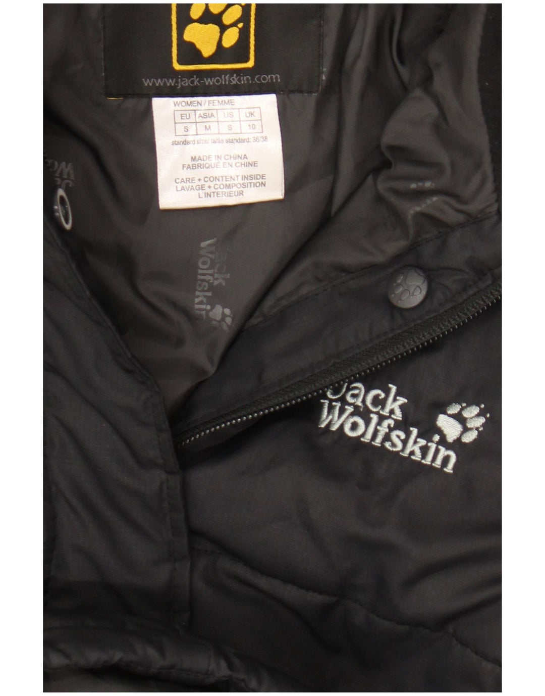 Damski ocieplany płaszcz z kapturem Jack Wolfskin UK 10, mały, czarny poliester