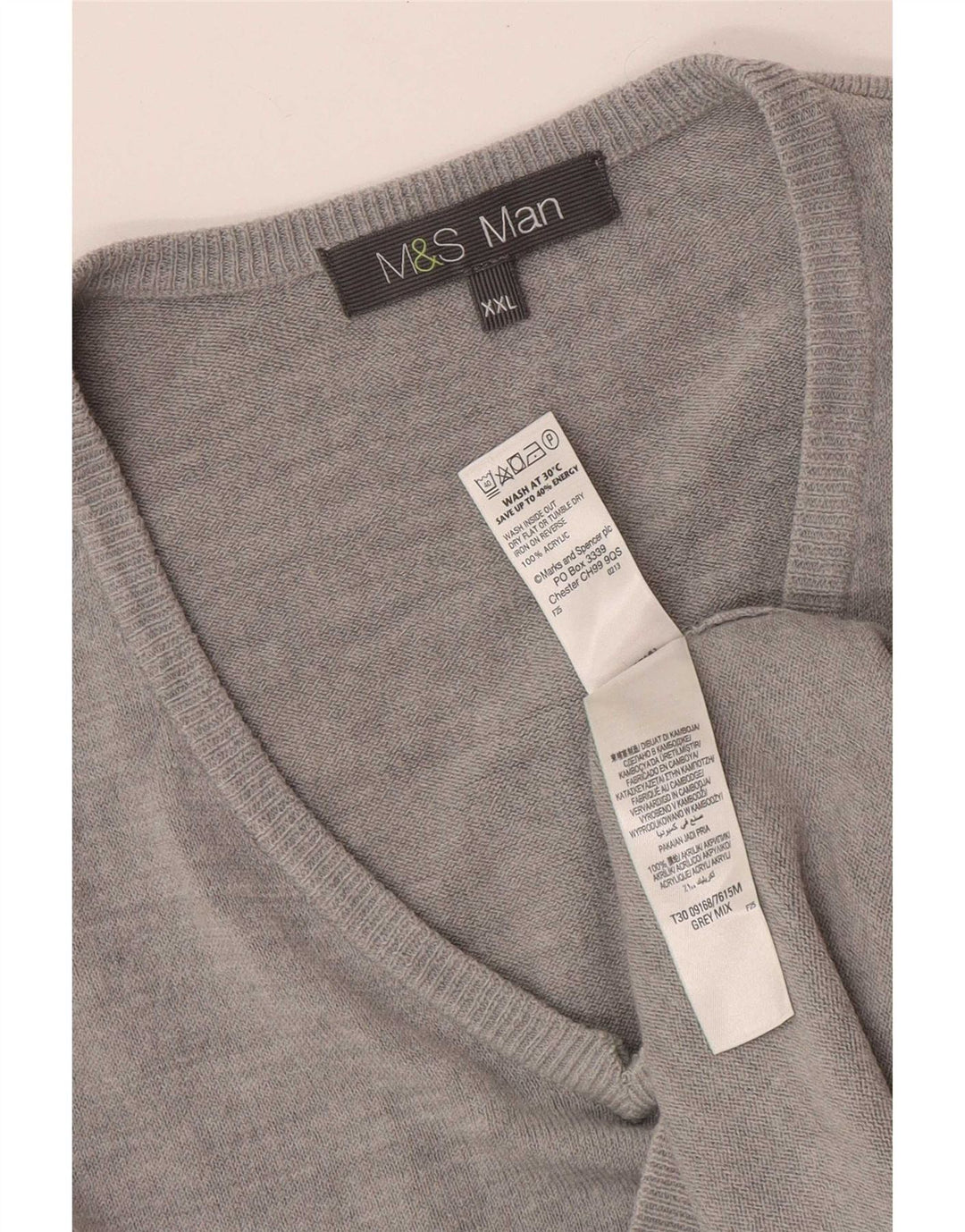 Marks & Spencer Męski sweter z dekoltem w kształcie litery V, 2XL, szary akryl