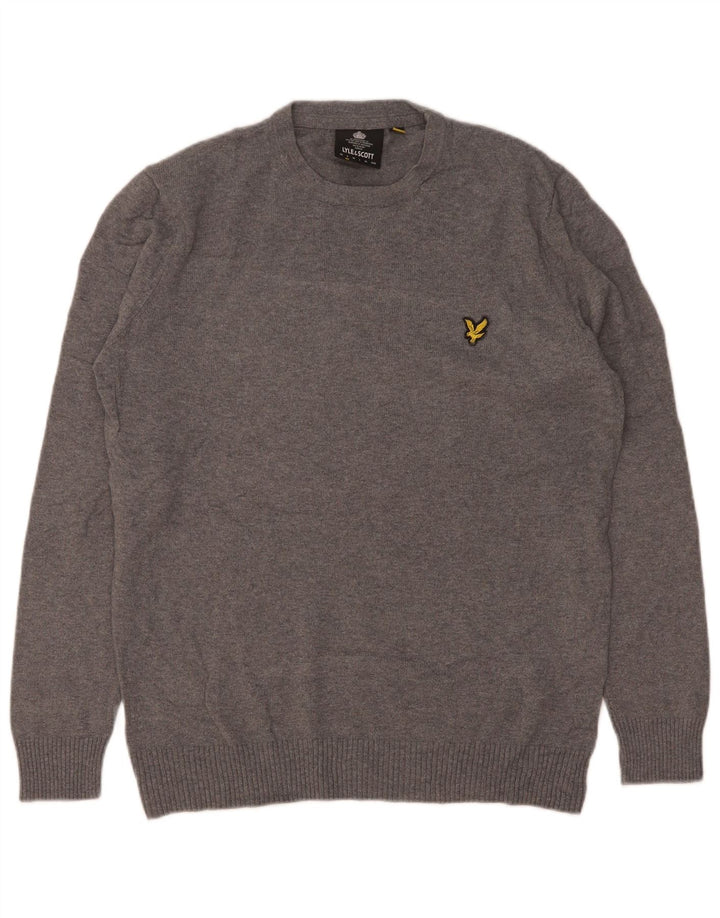 Męski sweter z okrągłym dekoltem Lyle & Scott, mały, szary, bawełniany w plamki