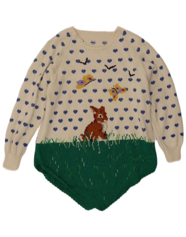 Vintage damski sweter z graficznym dekoltem w łódkę UK 18 XL, biały, blok kolorów
