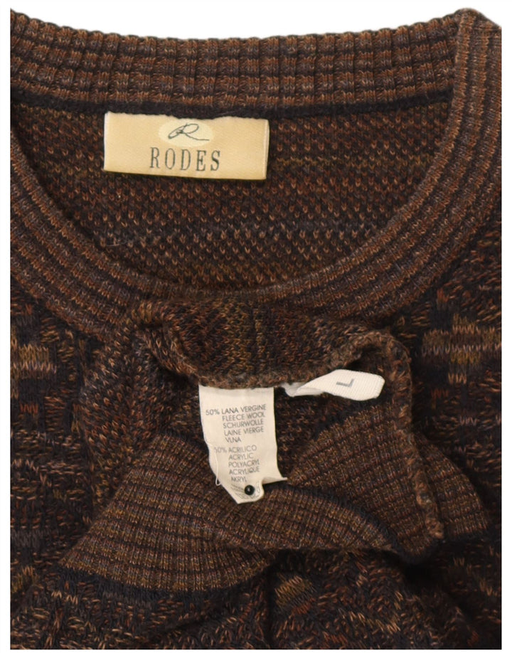 Męski sweter Rodes z okrągłym dekoltem, duży, brązowy, geometryczny, wełniany
