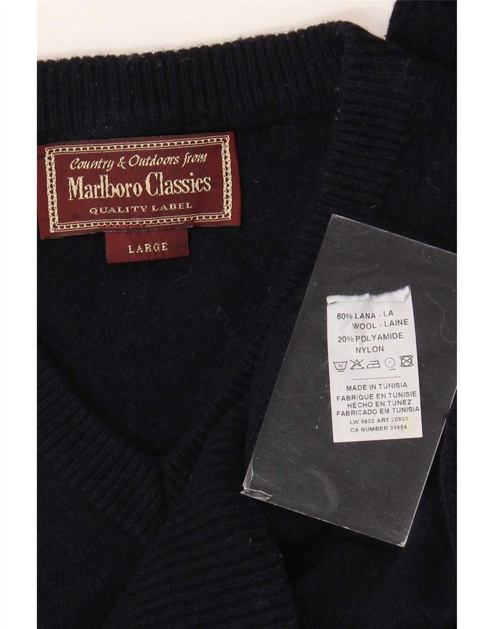 Marlboro Classics Męski sweter z dekoltem w kształcie litery V, duży, granatowy, wełniany