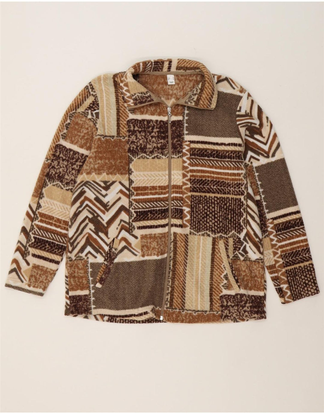 VINTAGE Womens Fleece Jacket EU 42 Large Brown Patchwork Polyester Vintage Vintage and Second-Hand Vintage from Messina Hembry 