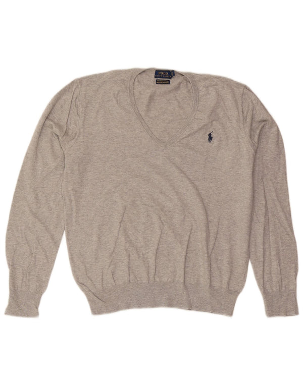 Sweter damski Polo Ralph Lauren z dekoltem w kształcie litery V, UK 16, duży, szary, bawełniany