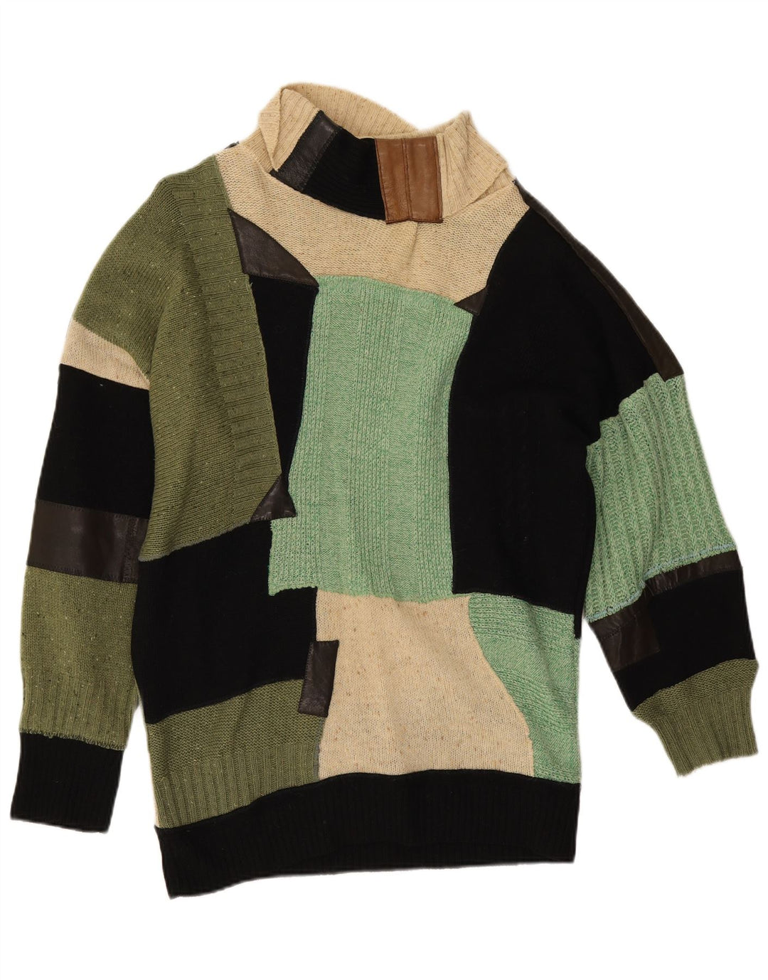 Sweter damski w stylu vintage z wywijanym dekoltem UK 14, duży, wielobarwny patchwork