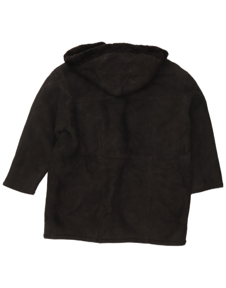 Vintage damski płaszcz z kapturem, oversize, w stylu shearling UK 16, duży czarny