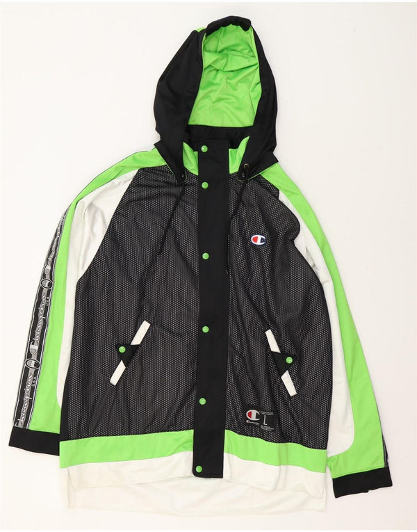 Champion Mens Graphic Hooded Tracksuit Top Jacket Large Black Colourblock